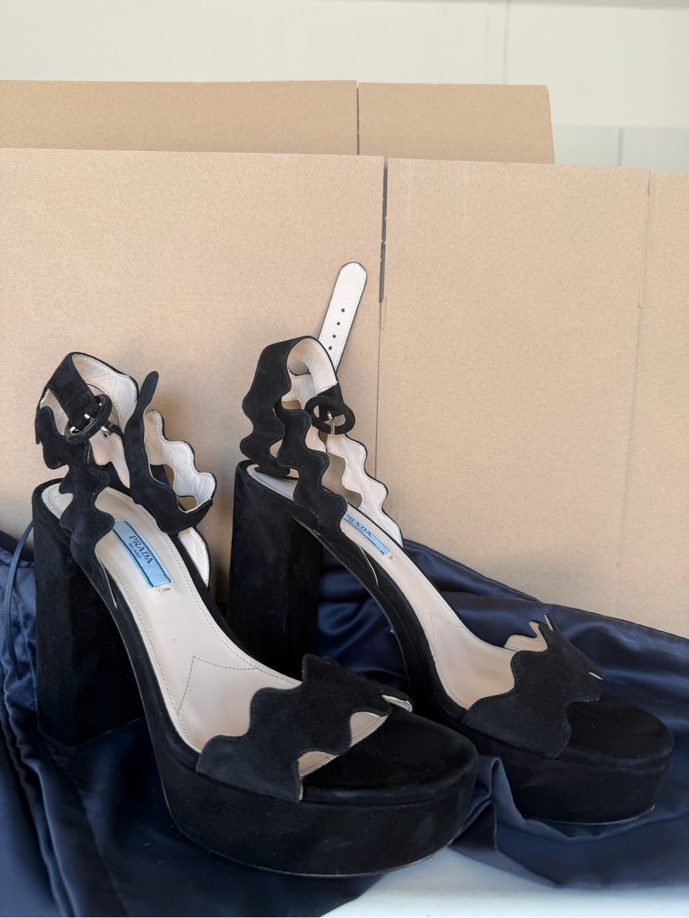 Prada Black Suede Wavy Strap Platform Heels